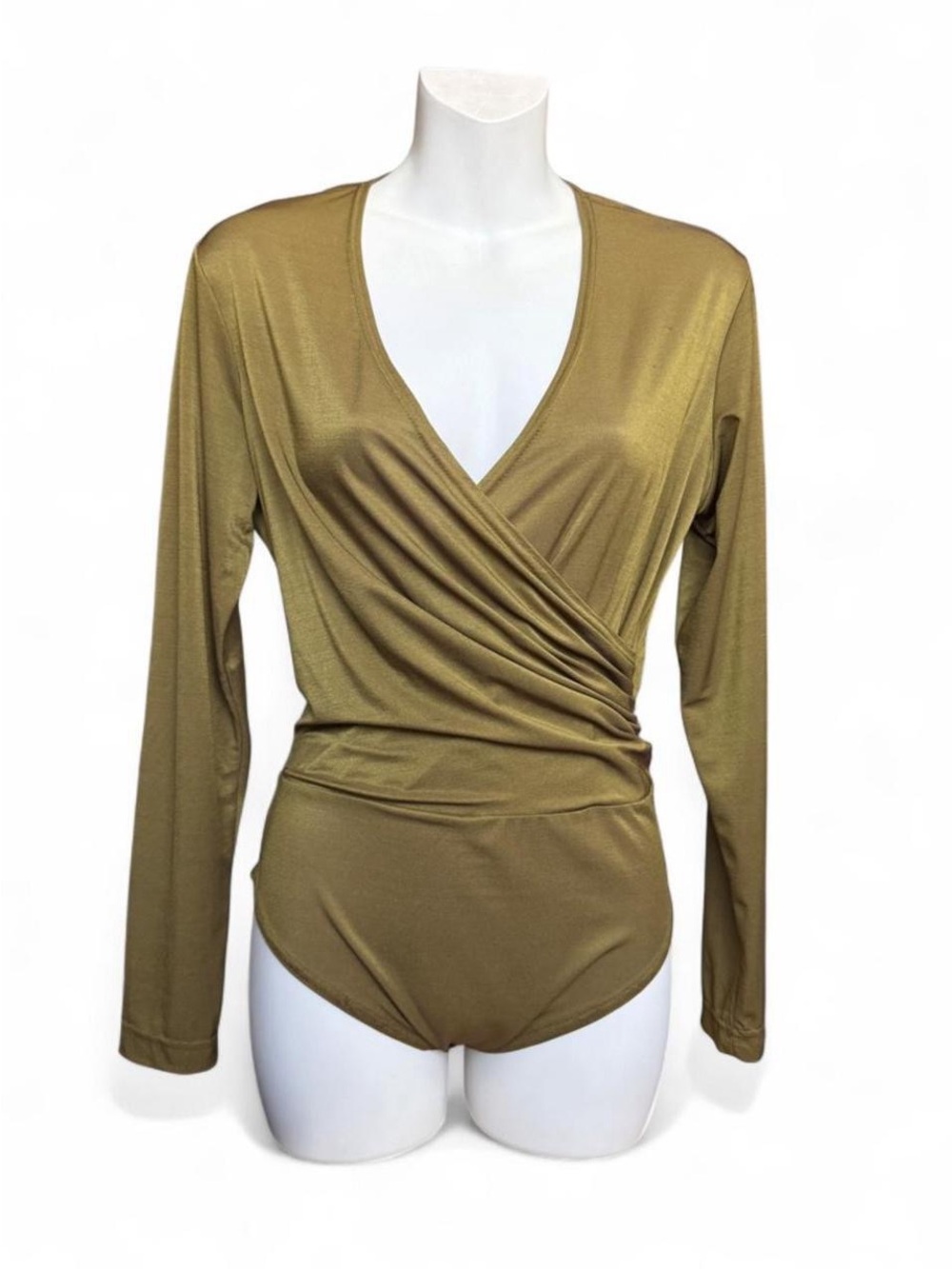 Draped Wrap Front Long Sleeve Bodysuit in Olive